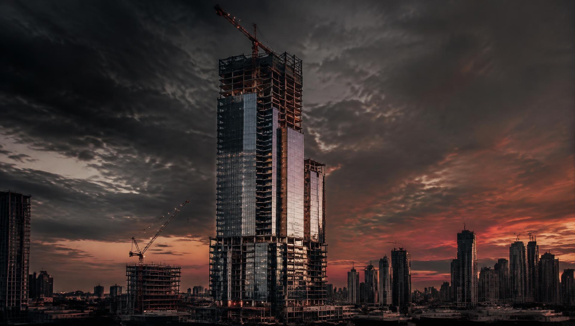 Modern high-rise under construction at dusk
